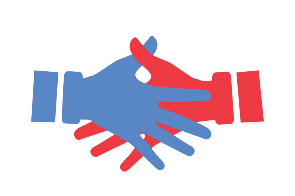 Red and blue shaking hands icon.