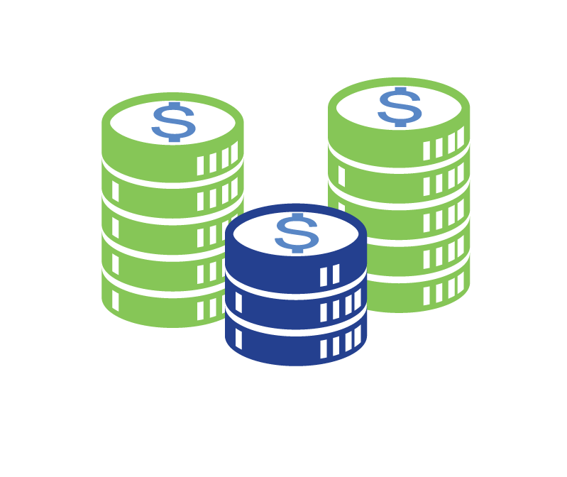 Stacks of green and blue coin icons.