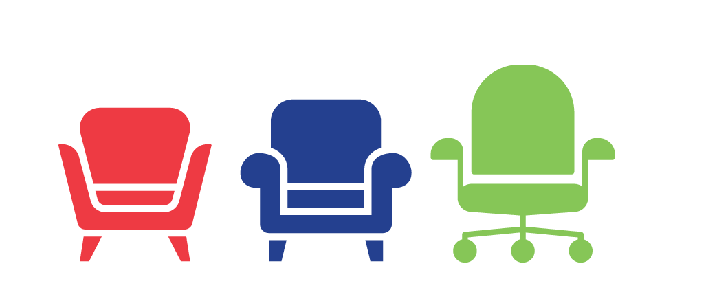 Re, blue and green chair icons.