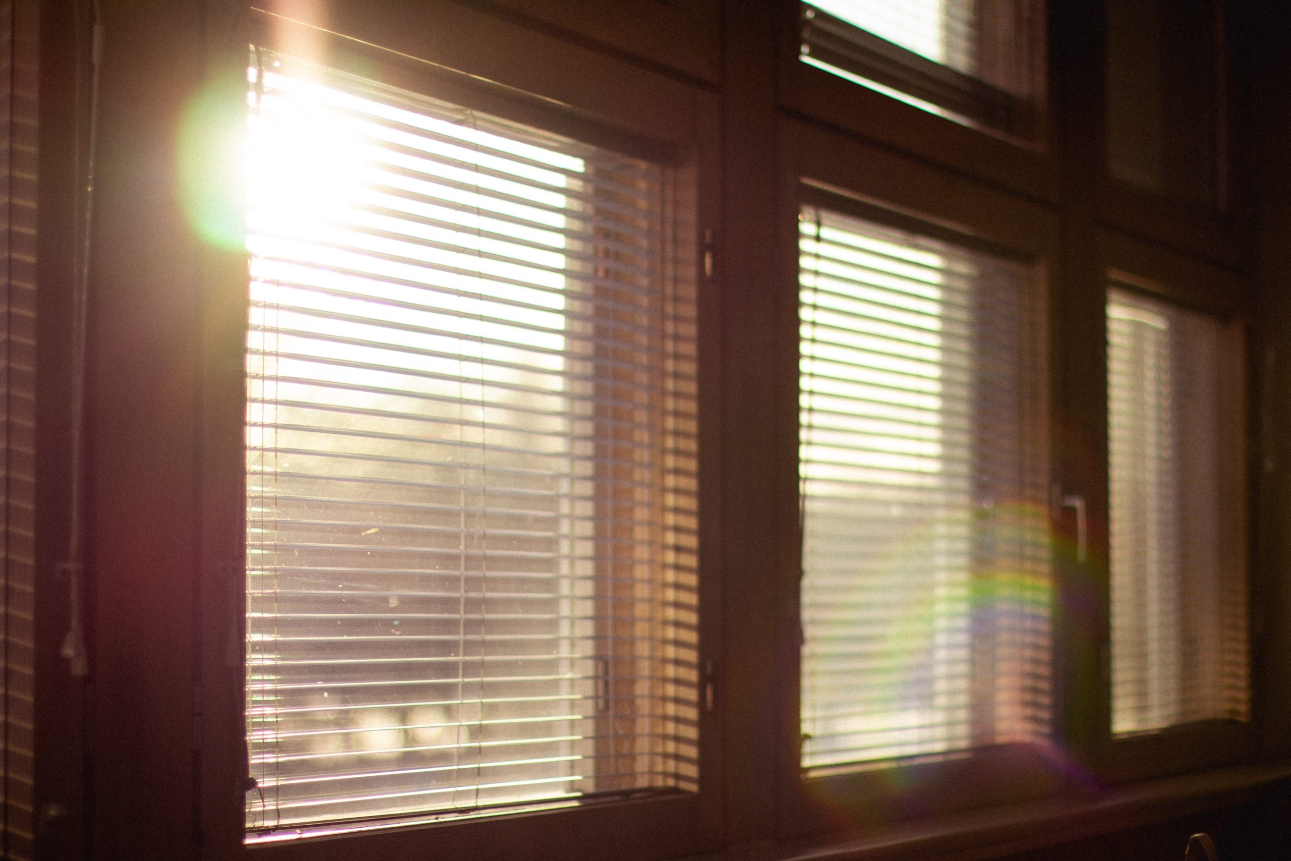 Window blinds with sun shining in.