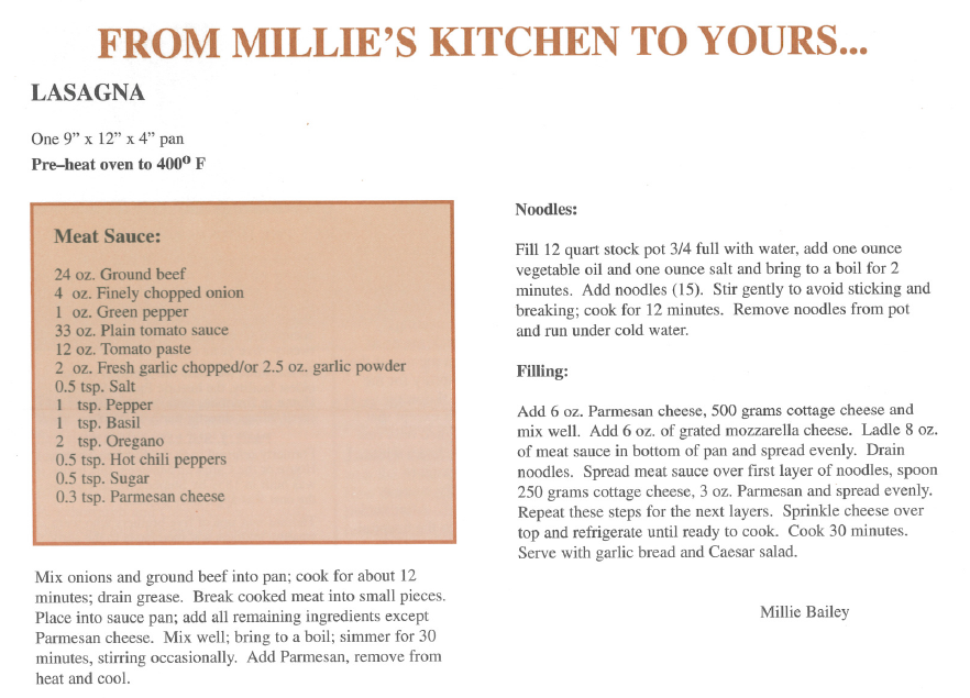 Millie's Kitchen lasagna recipe.