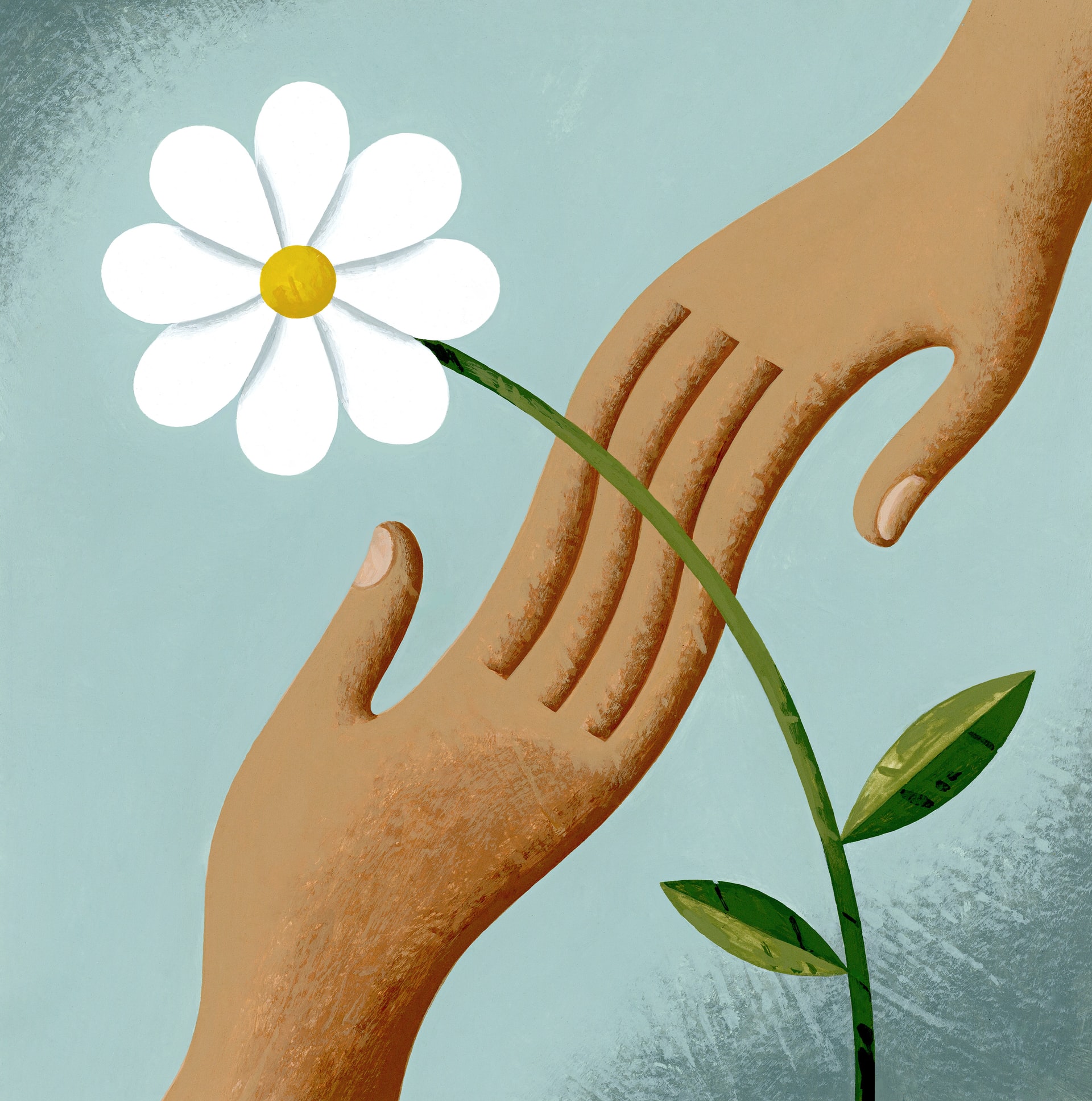 Illustration of two people holding hands and flower.