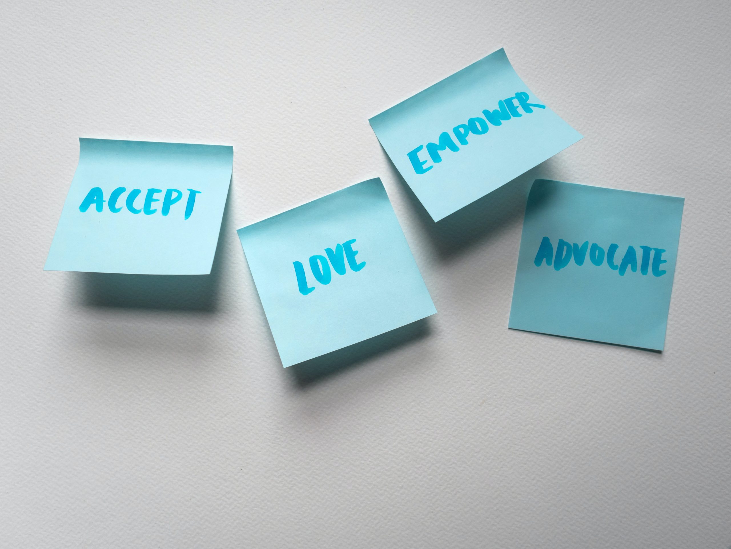 Blue post-it notes with the words Accept, Love, Empower, and Advocate written on them.