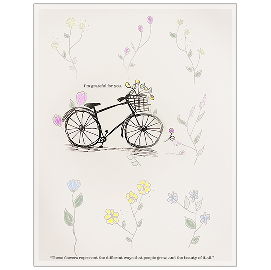 Holiday card drawing of bicycle and flowers