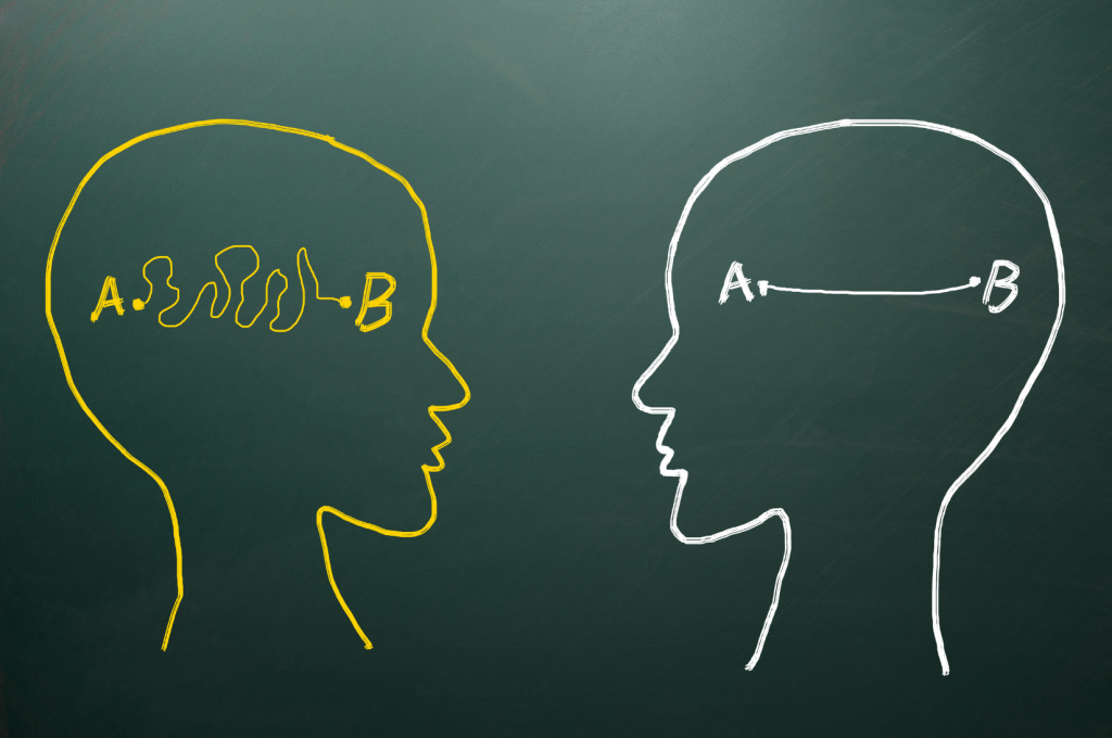 Drawing of two heads with A and B. One line is straight and one is curved.