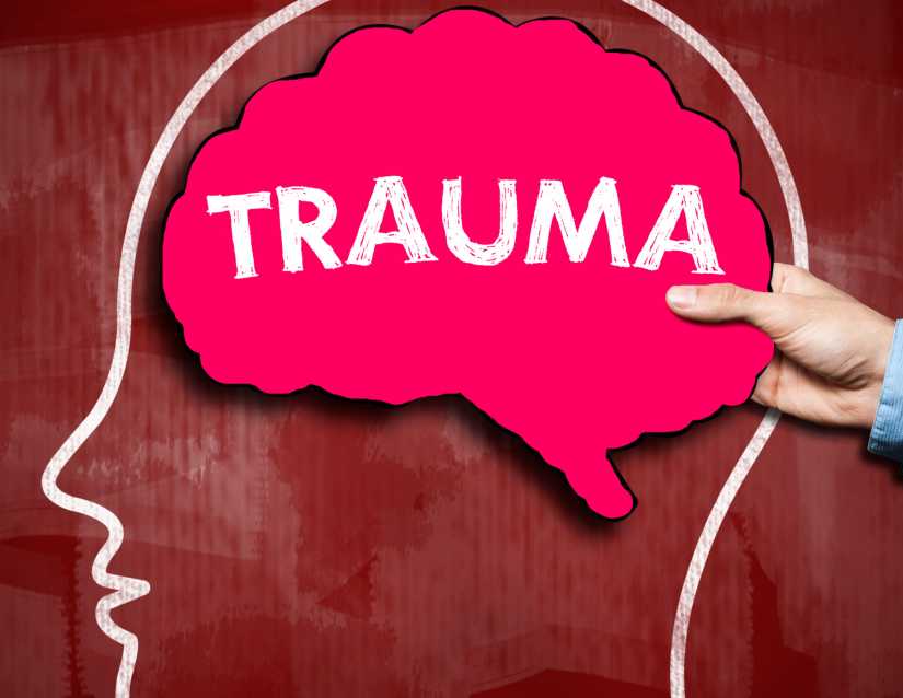 The word trauma in a brain drawing