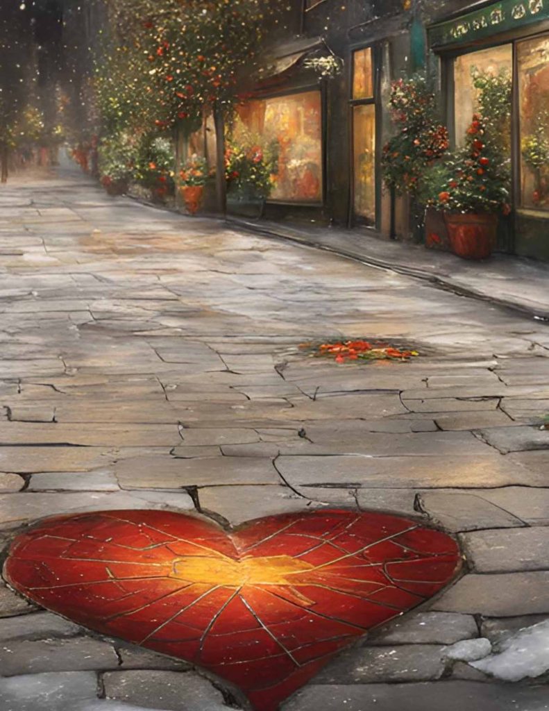 Hearts on a cracked pavement with a holiday street setting.