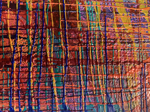 One of Rita's wax paintings: multi-coloured with lines