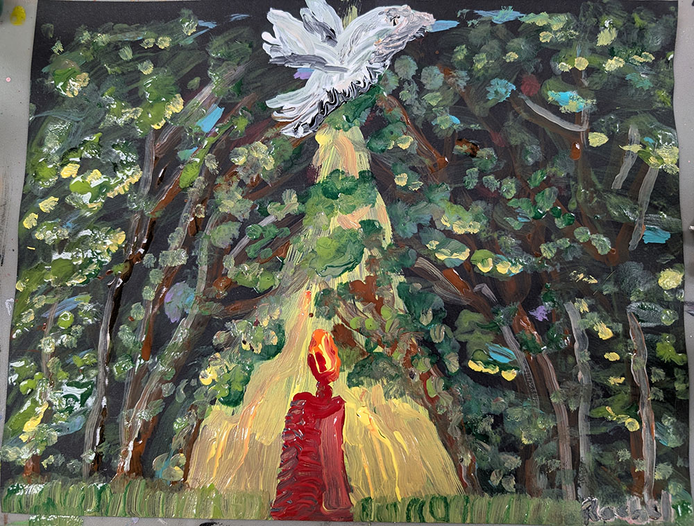 Rachel's Painting of a dove an a women in a forest.